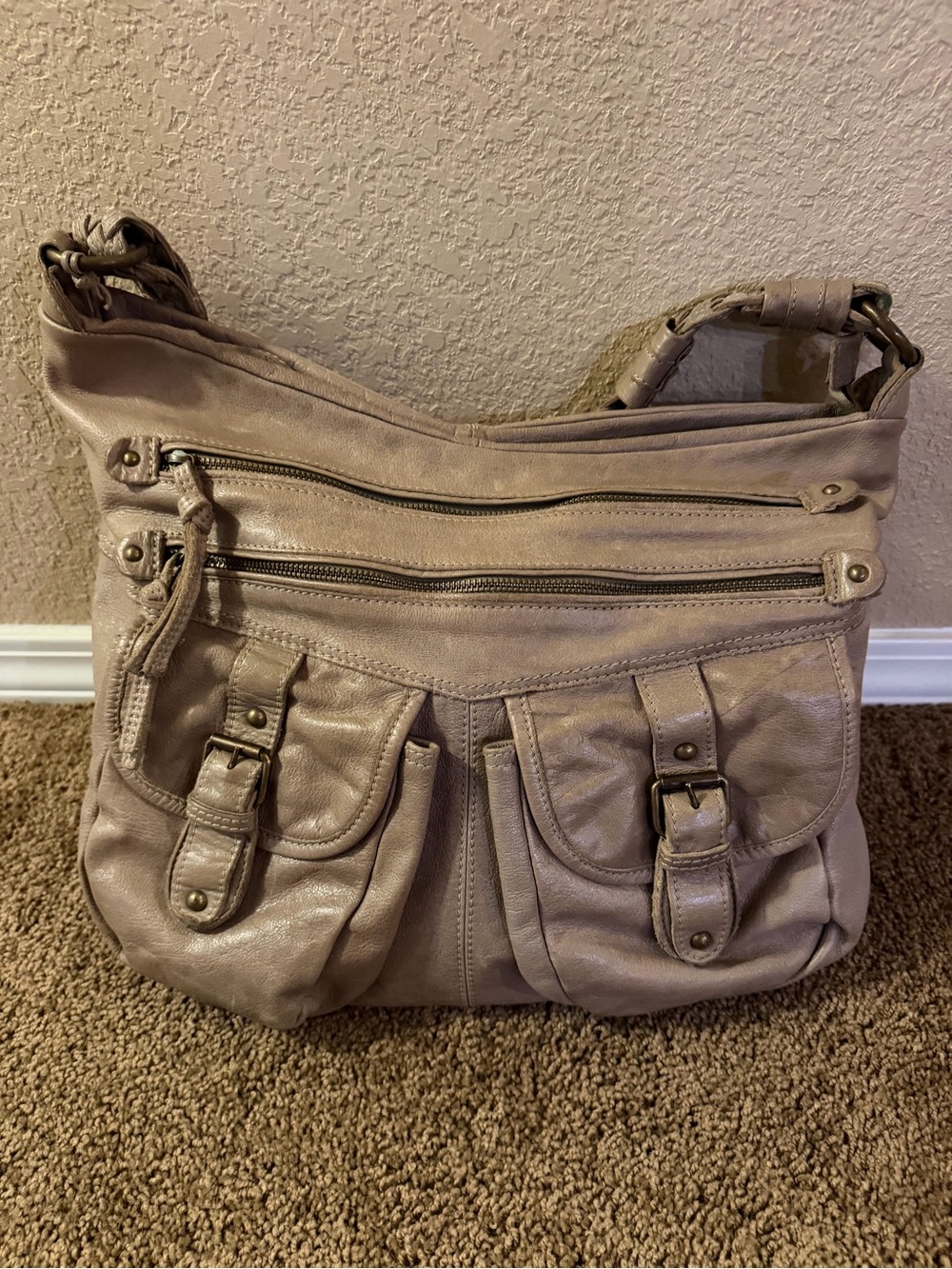 Tano Taupe Soft Leather Shoulder Bag with Buckle Front Pockets